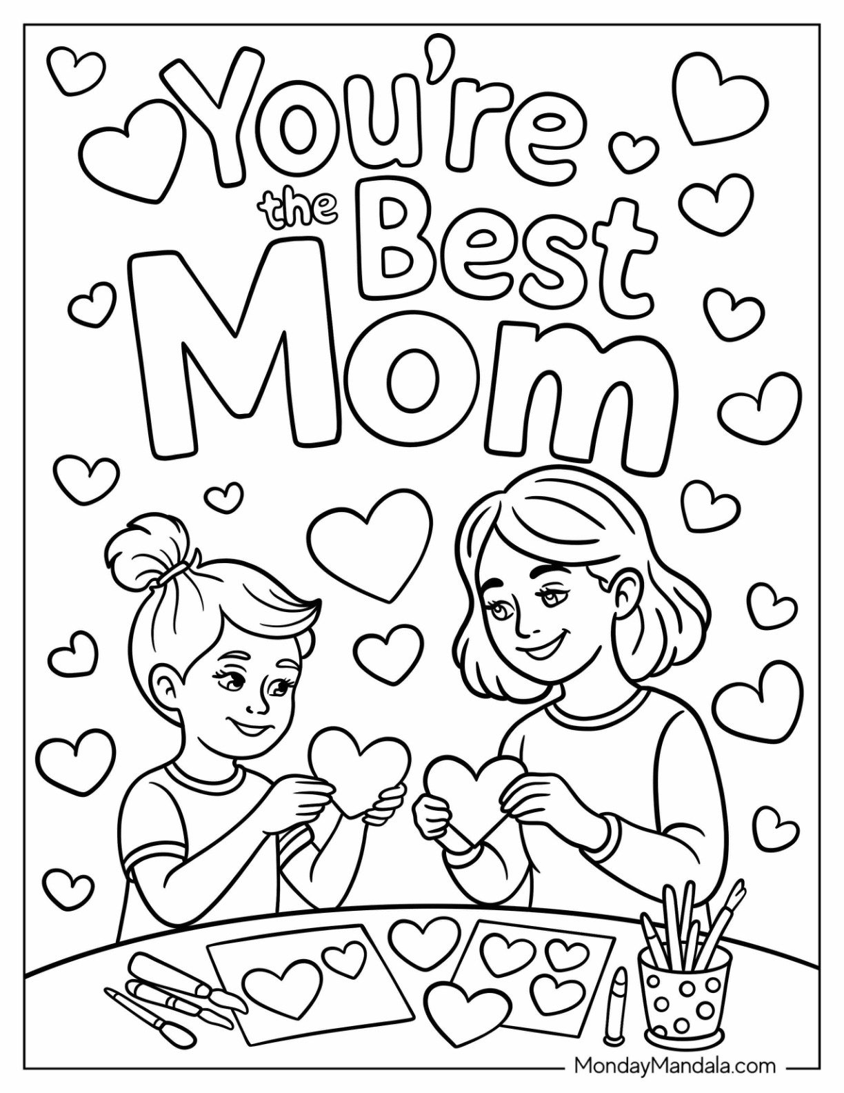 Mother's Day Coloring Page Of You re the Best Mom With Mother and Child Cutting Out Love Hearts