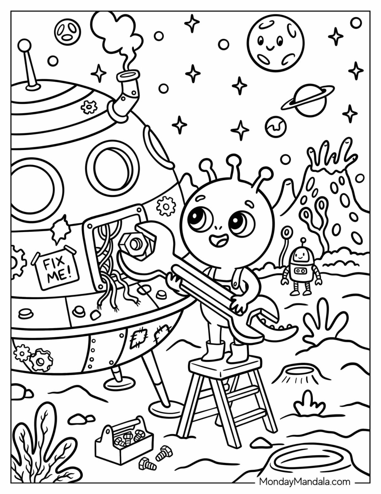 Young Alien Fixing a Spaceship Coloring Sheet for Kids