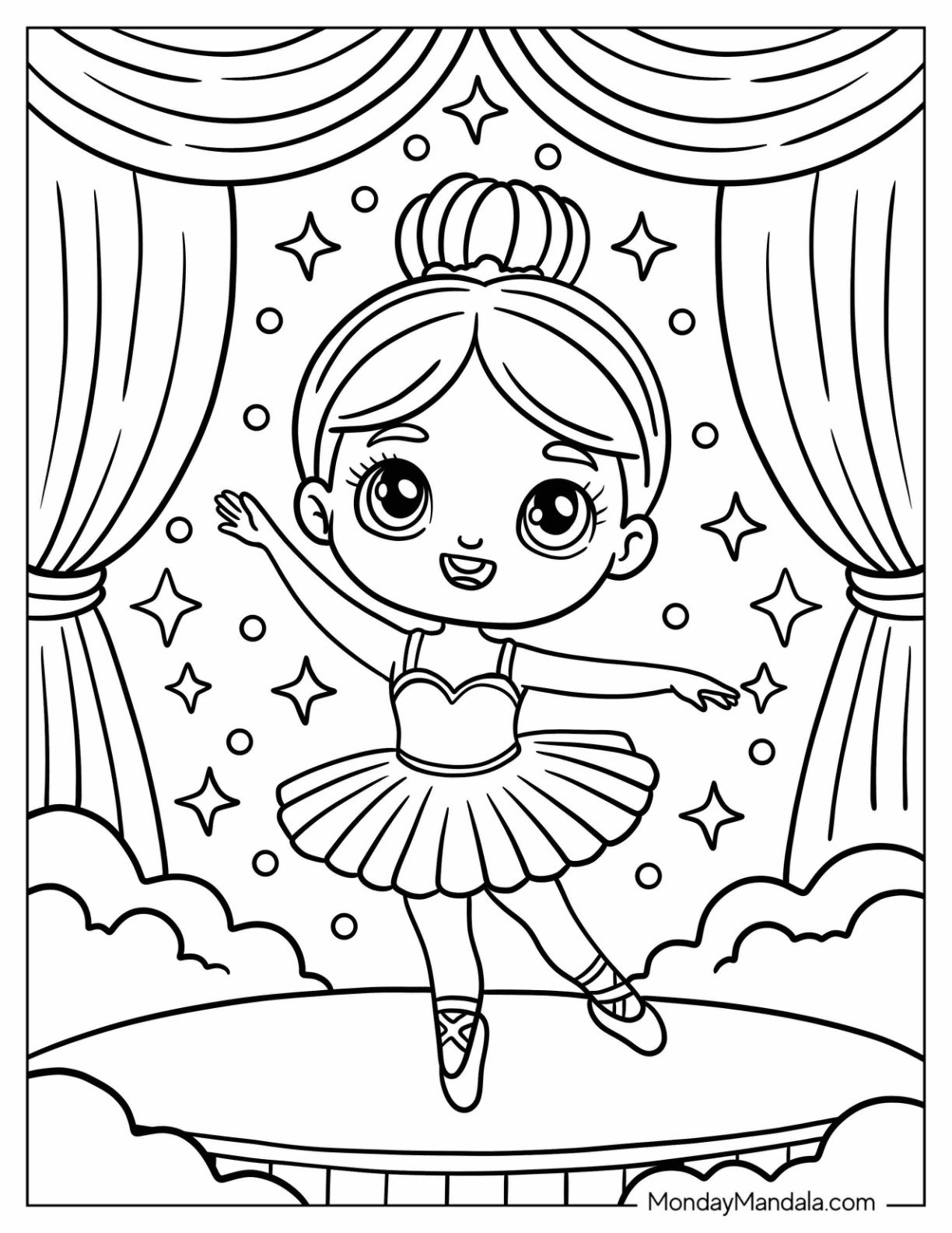 Young Ballerina Posing Gracefully on Stage Dancing Coloring Page
