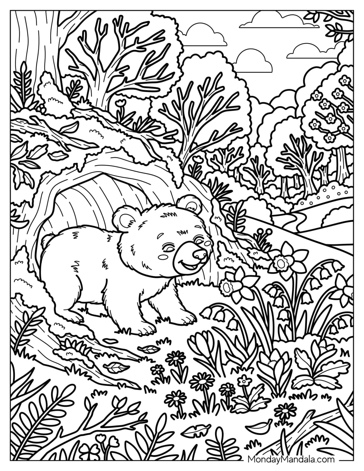 Young Bear Sniffing Flowers in the Woods in Spring Coloring Page