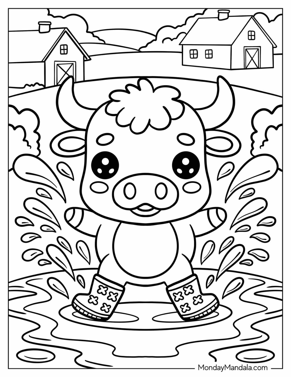 Young Bull Coloring Page with Rainboots Playing in a Puddle for Preschoolers