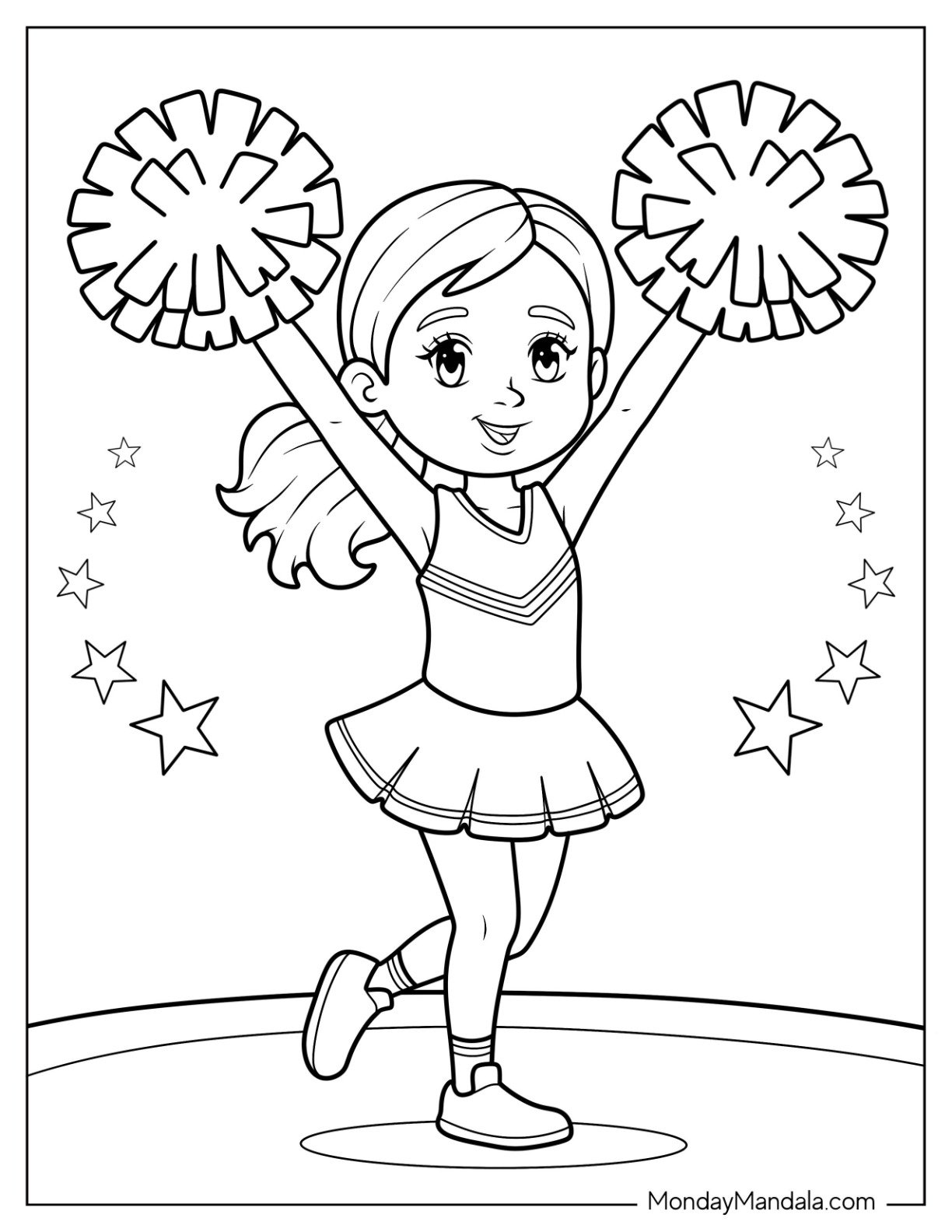 Cheerleading Coloring Page Of Young Cheerleader Girl Raising Pom Poms For Kids