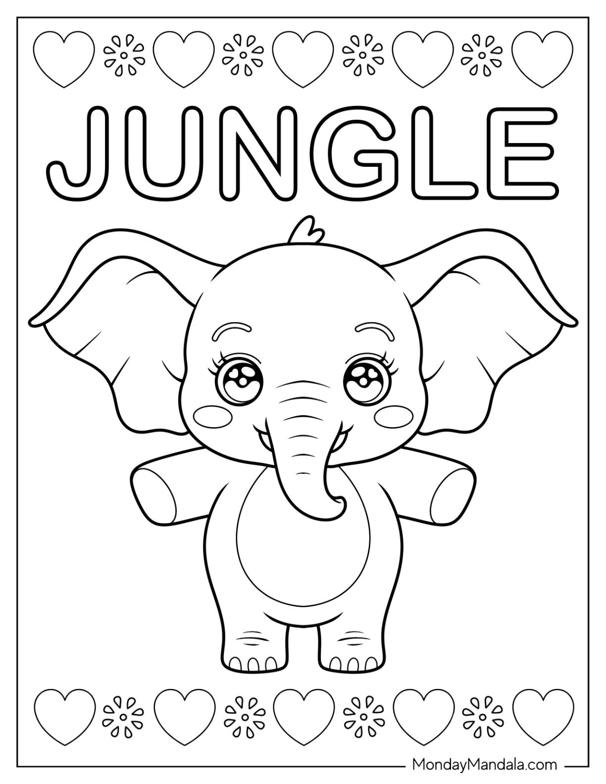 Young Elephant Surrounded by Hearts and Flowers Jungle Coloring Page