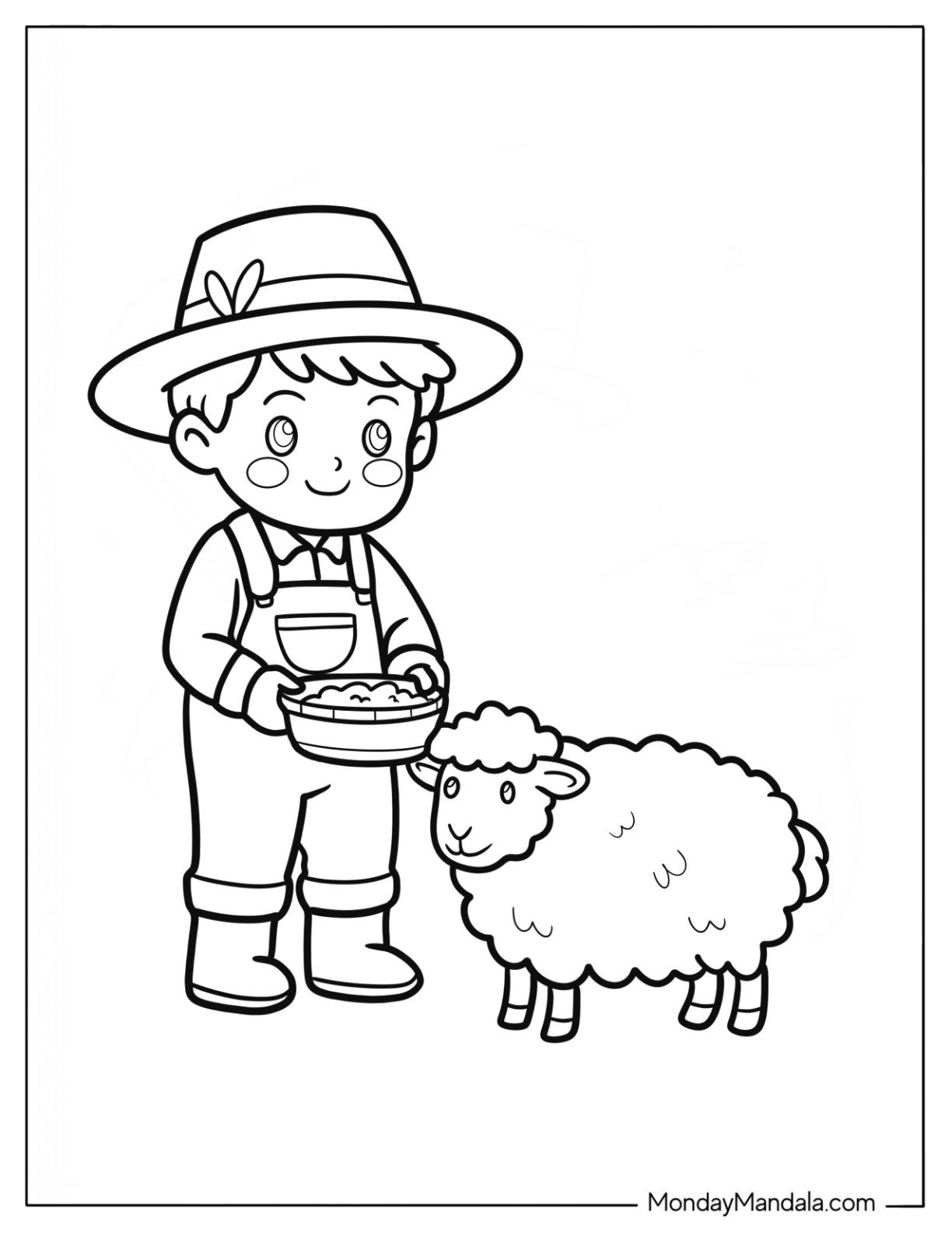 Young Farmer Feeding a Fluffy Sheep on the Farm Coloring Page for Preschoolers