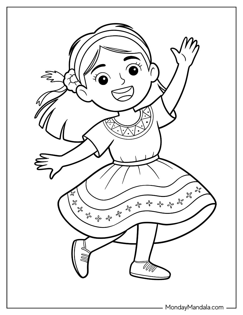 People Coloring Page of Young Girl Dancing In A Beautiful Dress For Kids