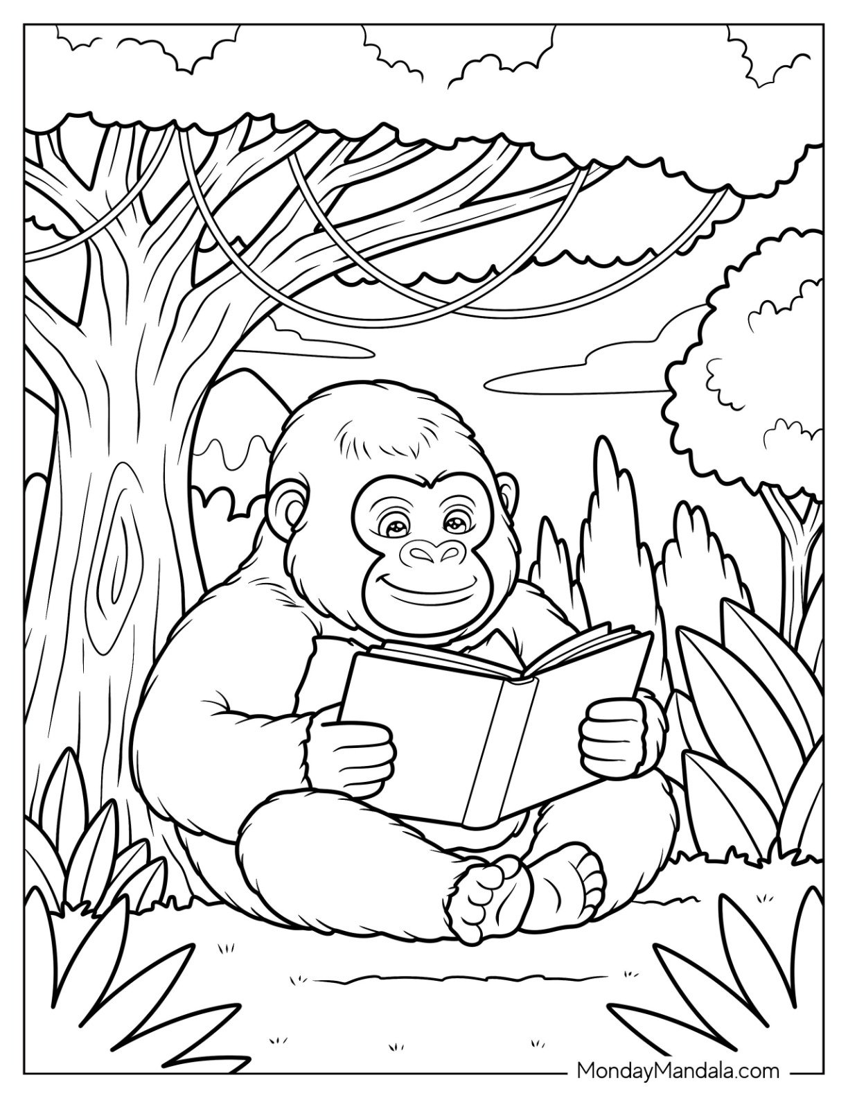 Young Gorilla Coloring Page Sitting Under a Tree with a Good Book