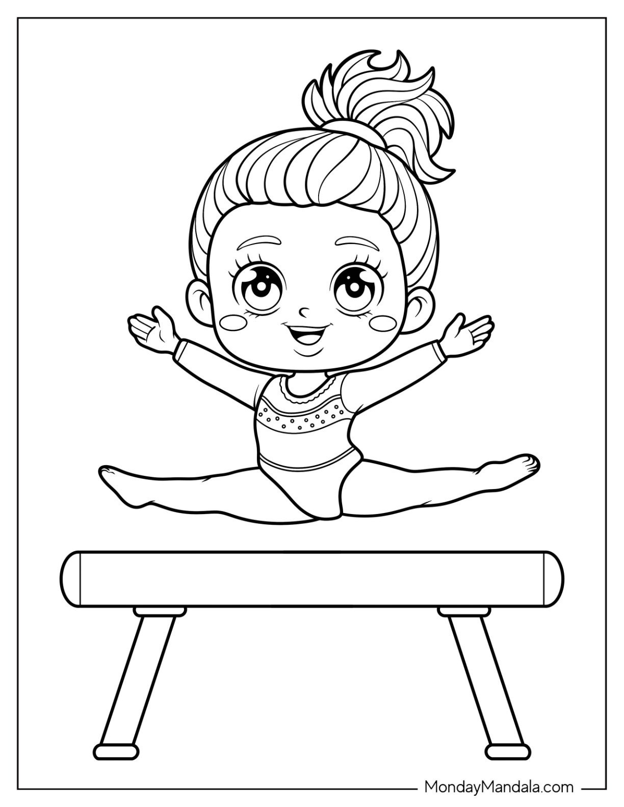 Gymnastics Coloring Page of Young Gymnast in Mid Split Over Balance Beam for Kids