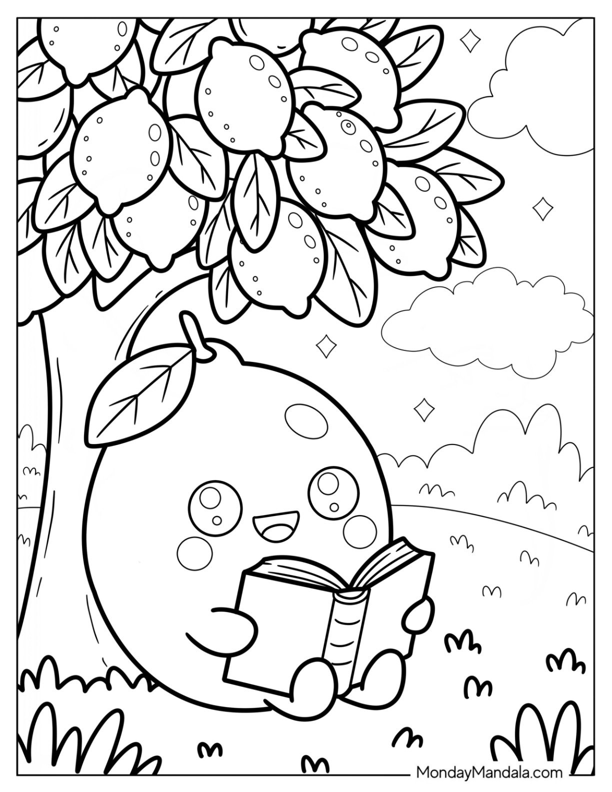 Young Lemon Coloring Page Reading a Book under a Lemon Tree.pdf