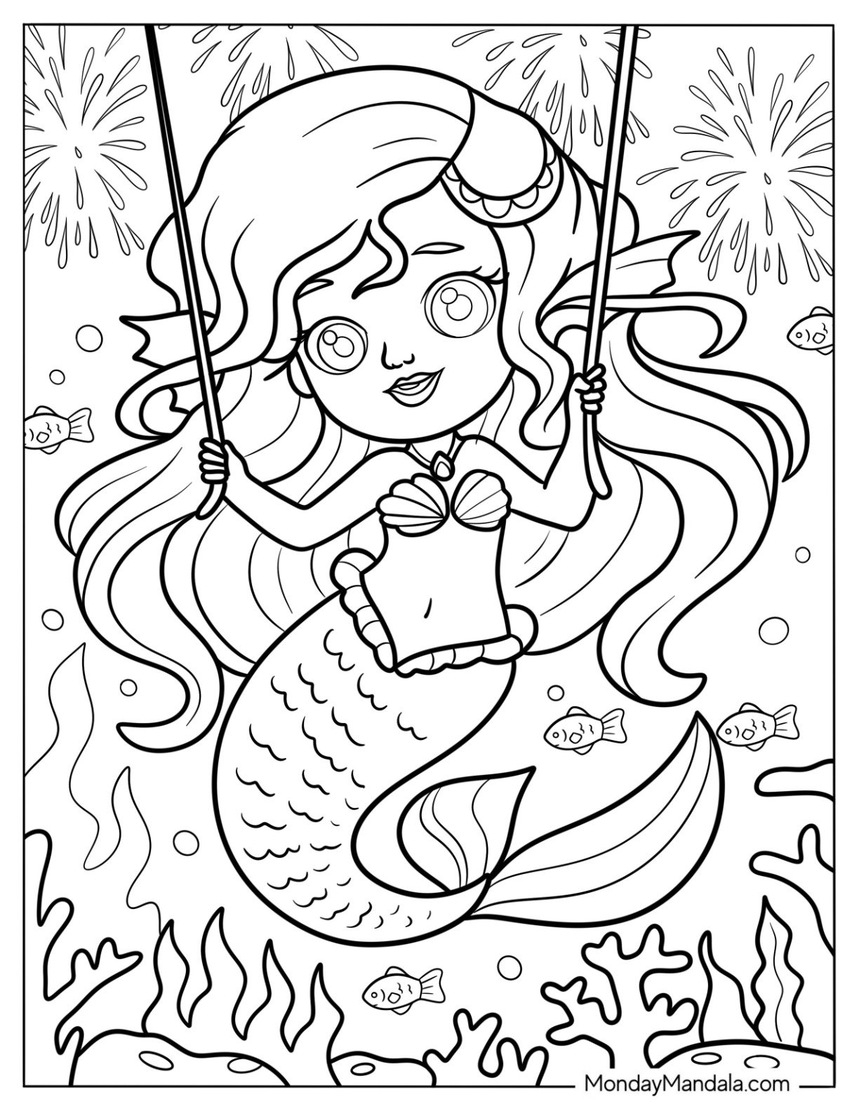 Young Mermaid Coloring Page with Fireworks in the Sea
