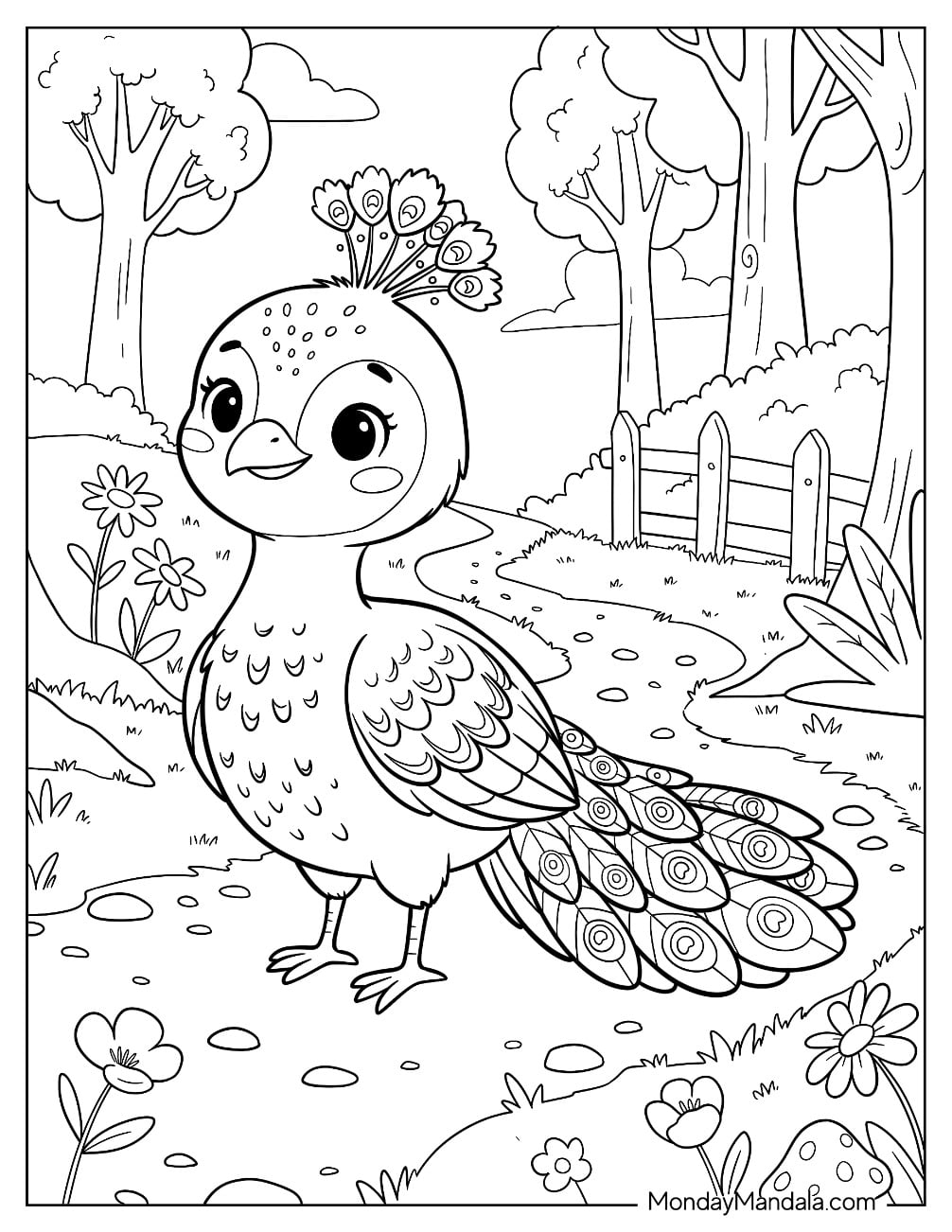 Young Peacock Standing on a Garden Path Coloring Page for Kids