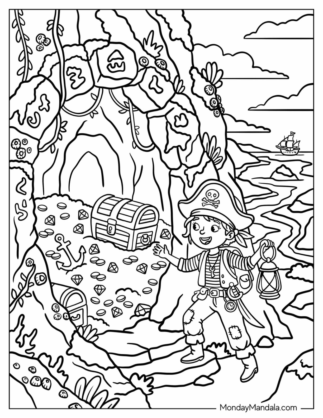 Young Pirate Discovering a Treasure Chest Inside a Coastal Cave Coloring Page