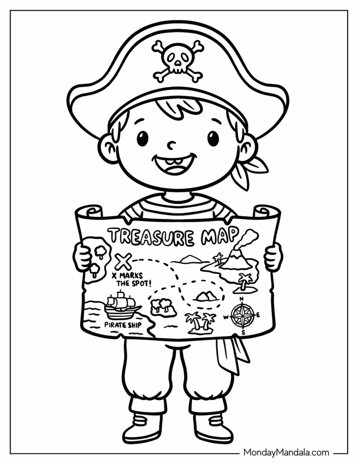 Young Pirate Holding a Treasure Map Coloring Page for Kids