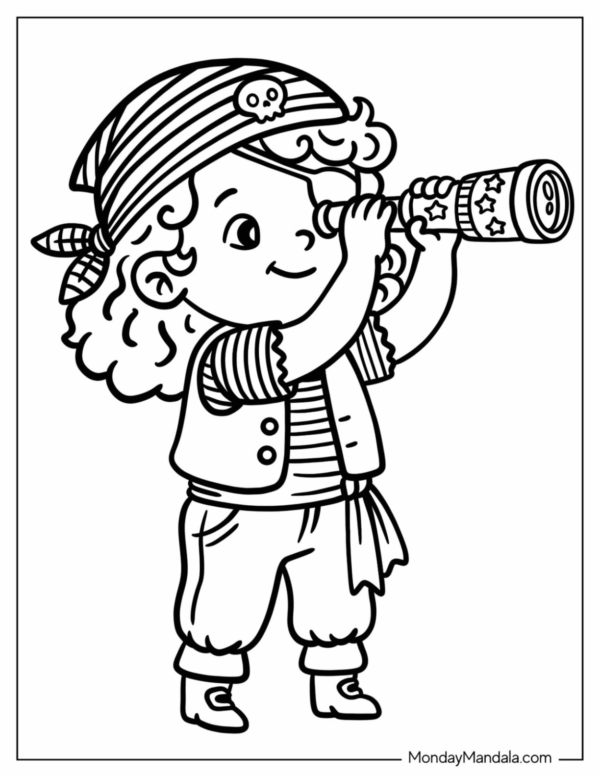Young Pirate Looking Through a Spyglass Coloring Page for Kids