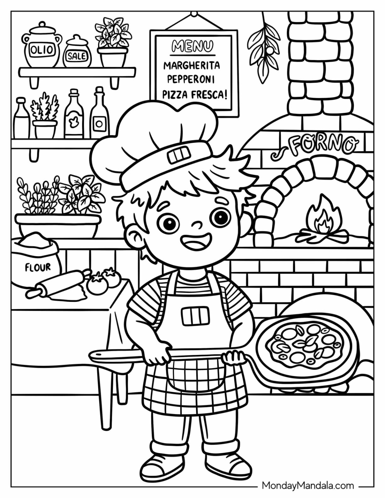 Italy Coloring Page of Young Pizza Chef Holding a Fresh Pizza in an Italian Kitchen