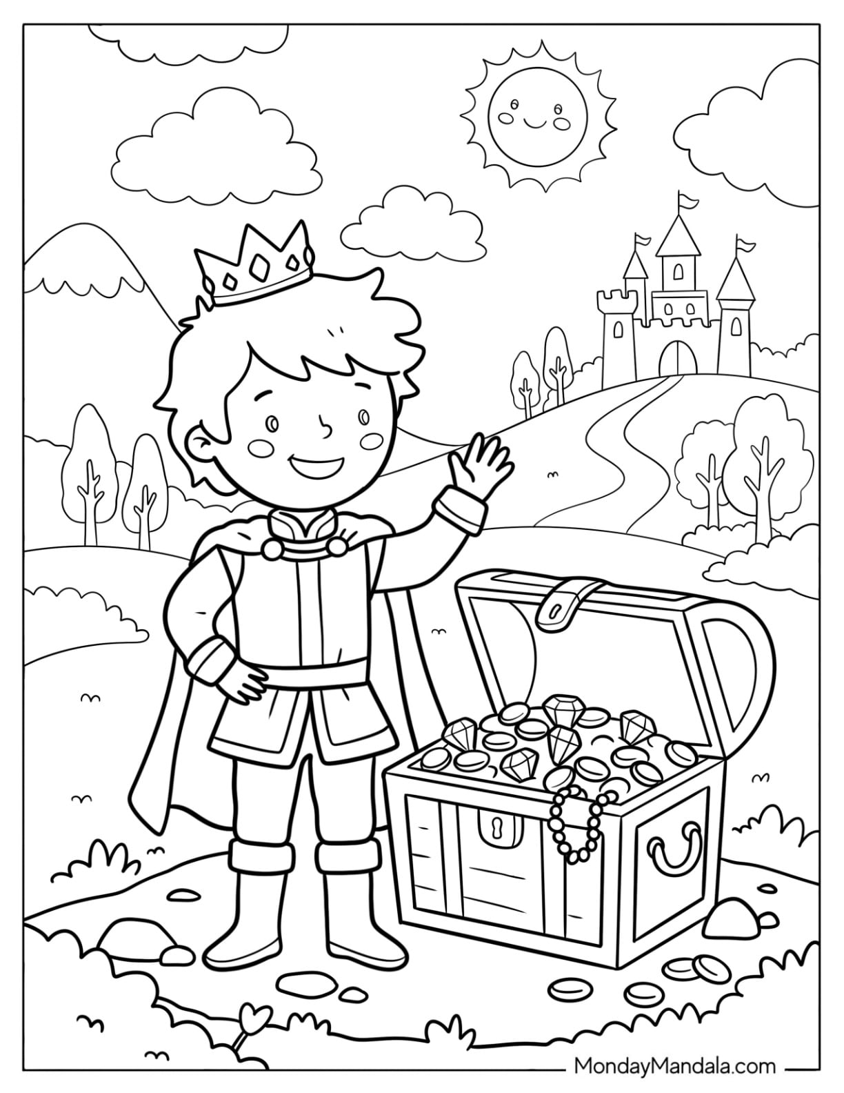 Young Prince Finding a Treasure Chest Near the Castle Coloring Page