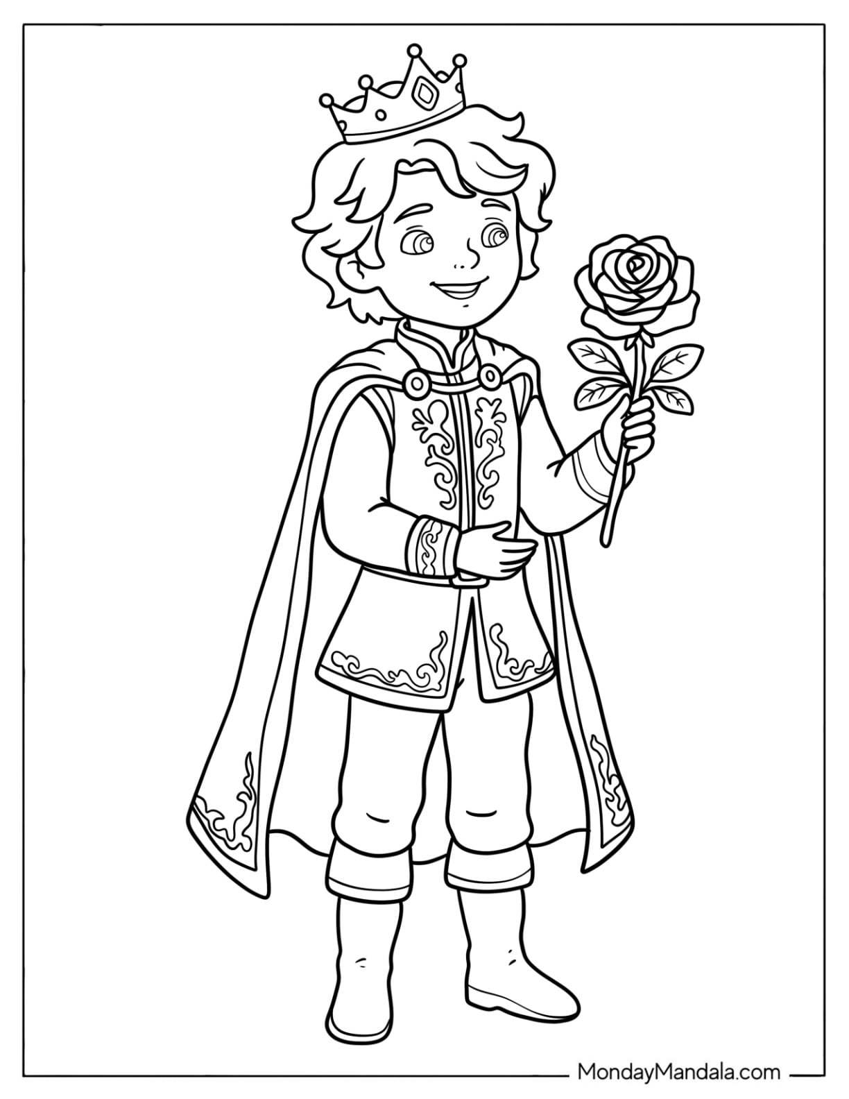 Young Prince Holding a Rose Coloring Page for Kids
