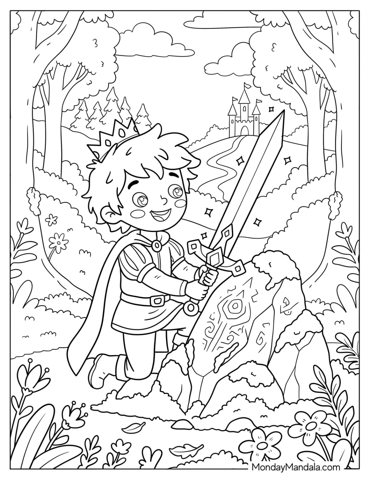 Young Prince Coloring Page Holding a Sword in the Forest