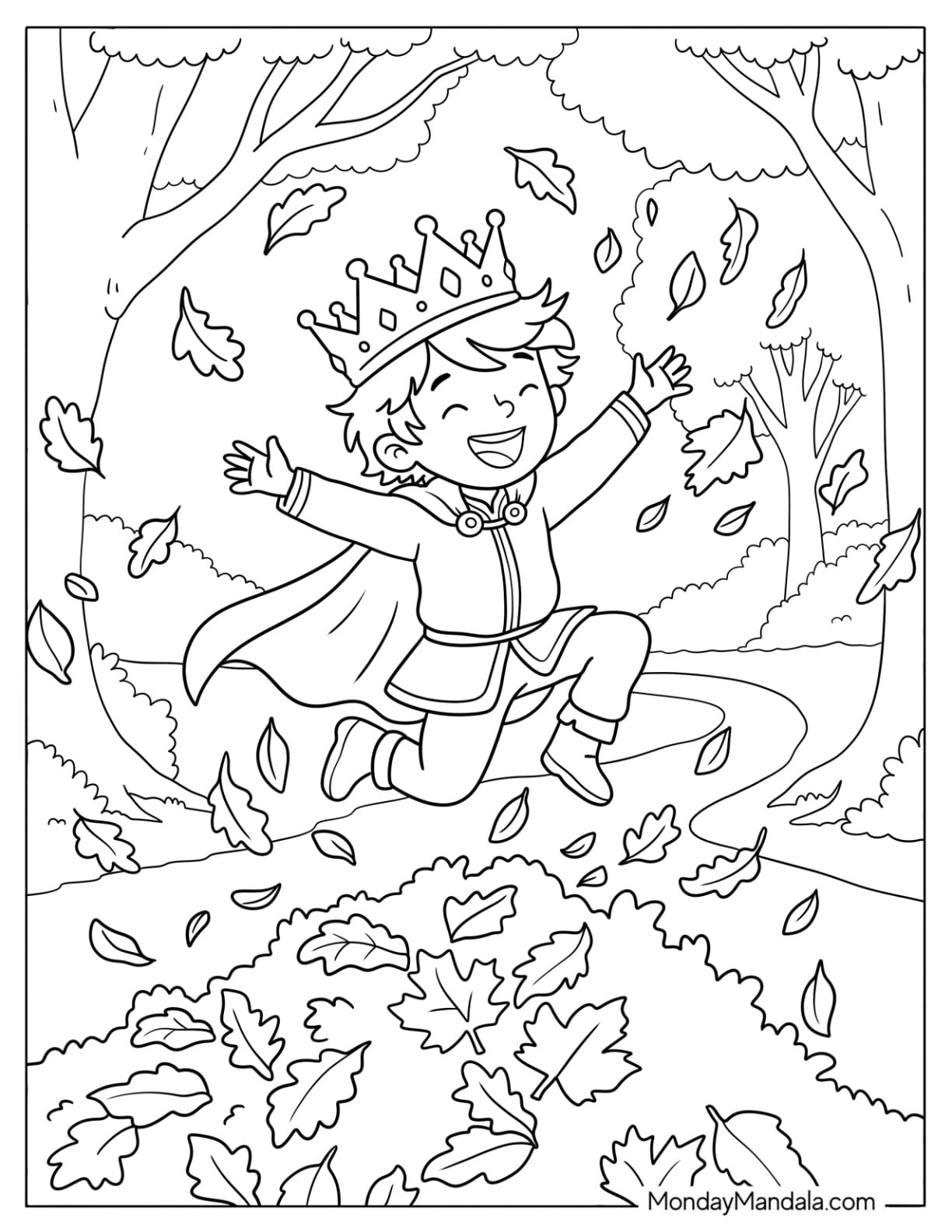 Young Prince Coloring Page Jumping in Autumn Leaves for Kids