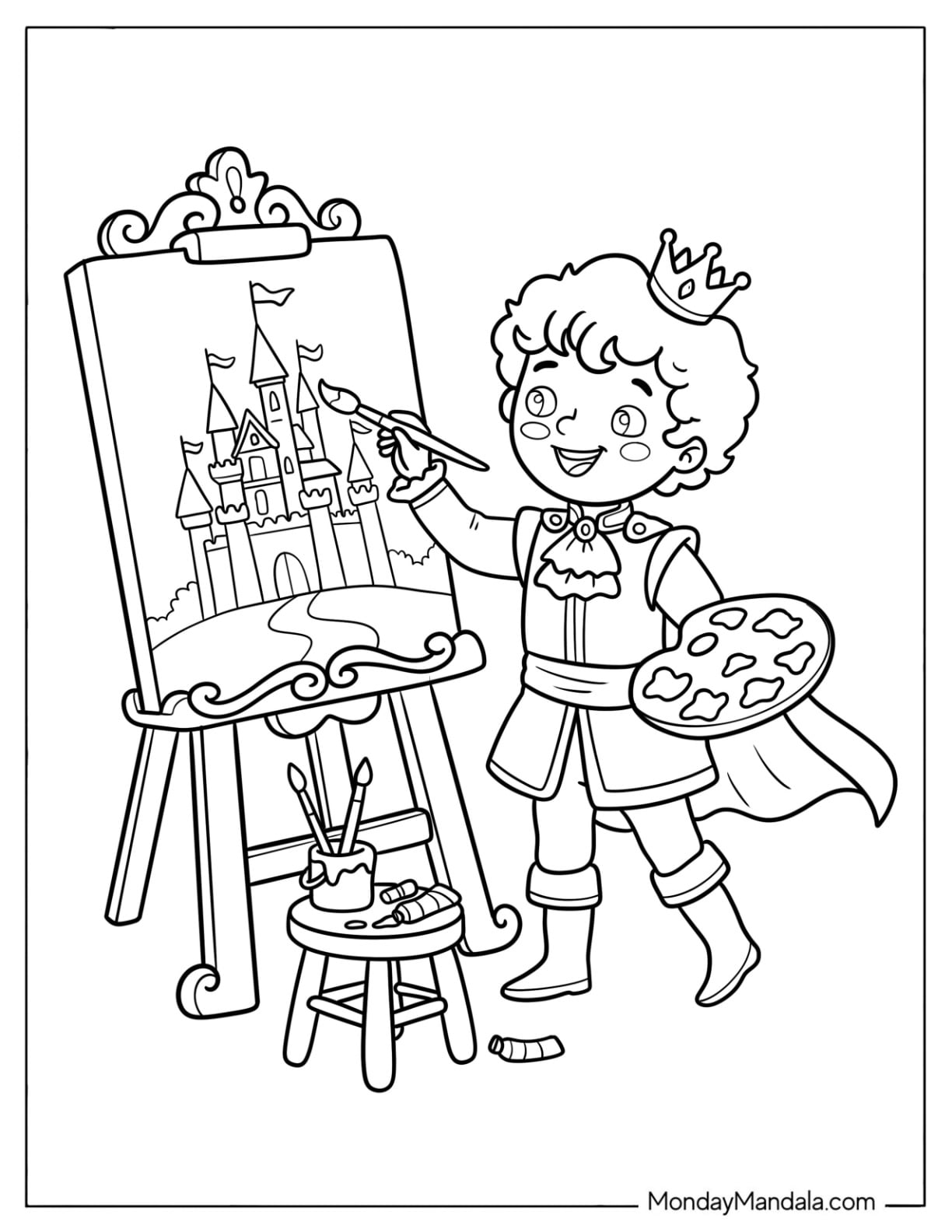 Young Prince Coloring Page Painting a Castle on an Easel