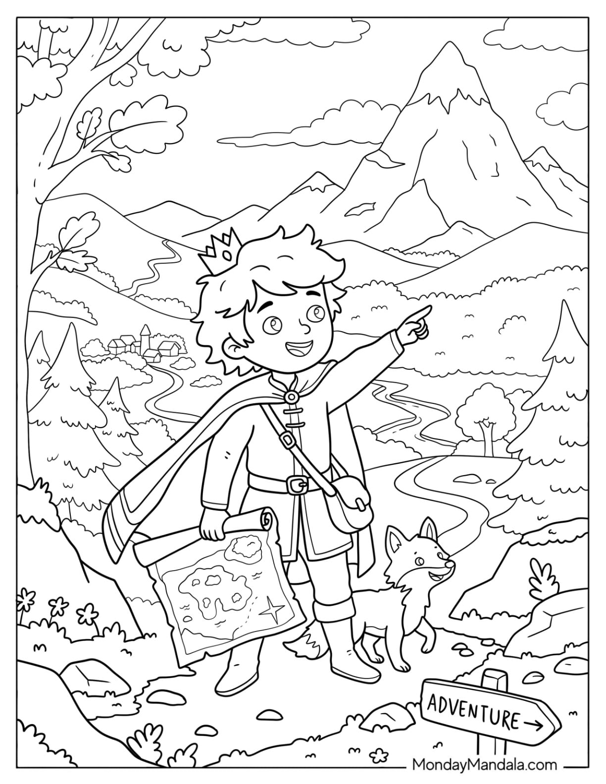 Young Prince Coloring Page Pointing to Adventure with Map and Dog