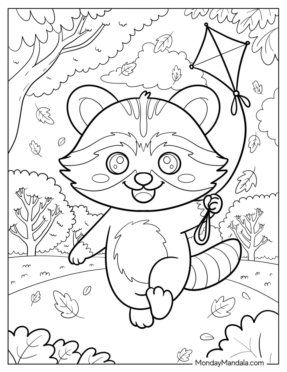 Young Raccoon Coloring Page Flying a Kite in the Park at Fall for Kids