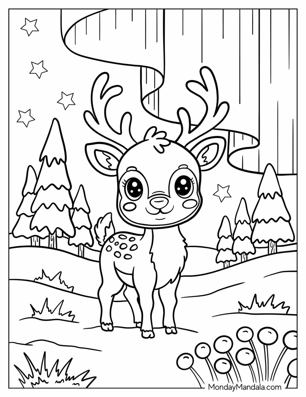 Arctic Animals Coloring Page of Young Reindeer Standing in Snowy Forest for Preschoolers