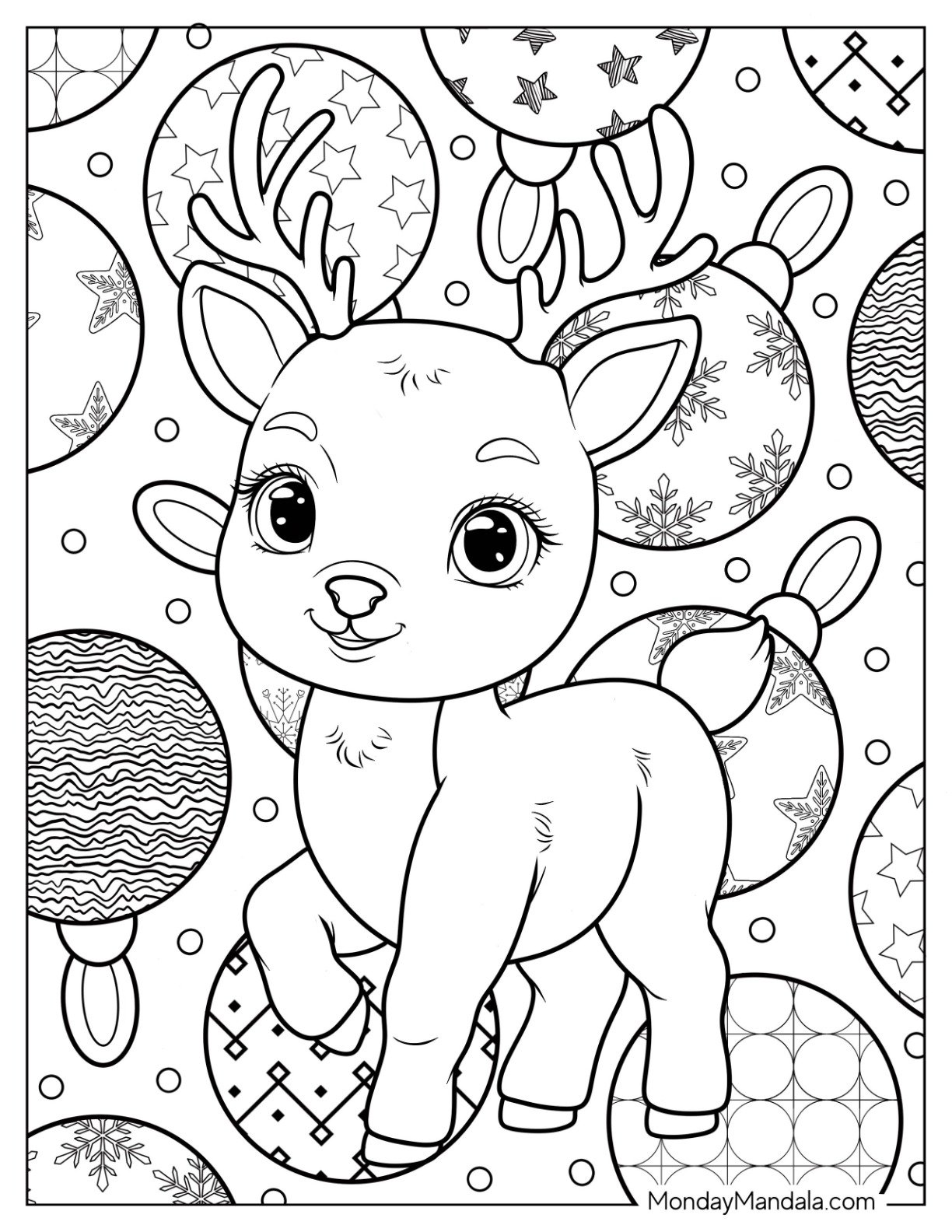 Young Reindeer With Fluffy Tail and Bauble Background Coloring Sheet for Kids