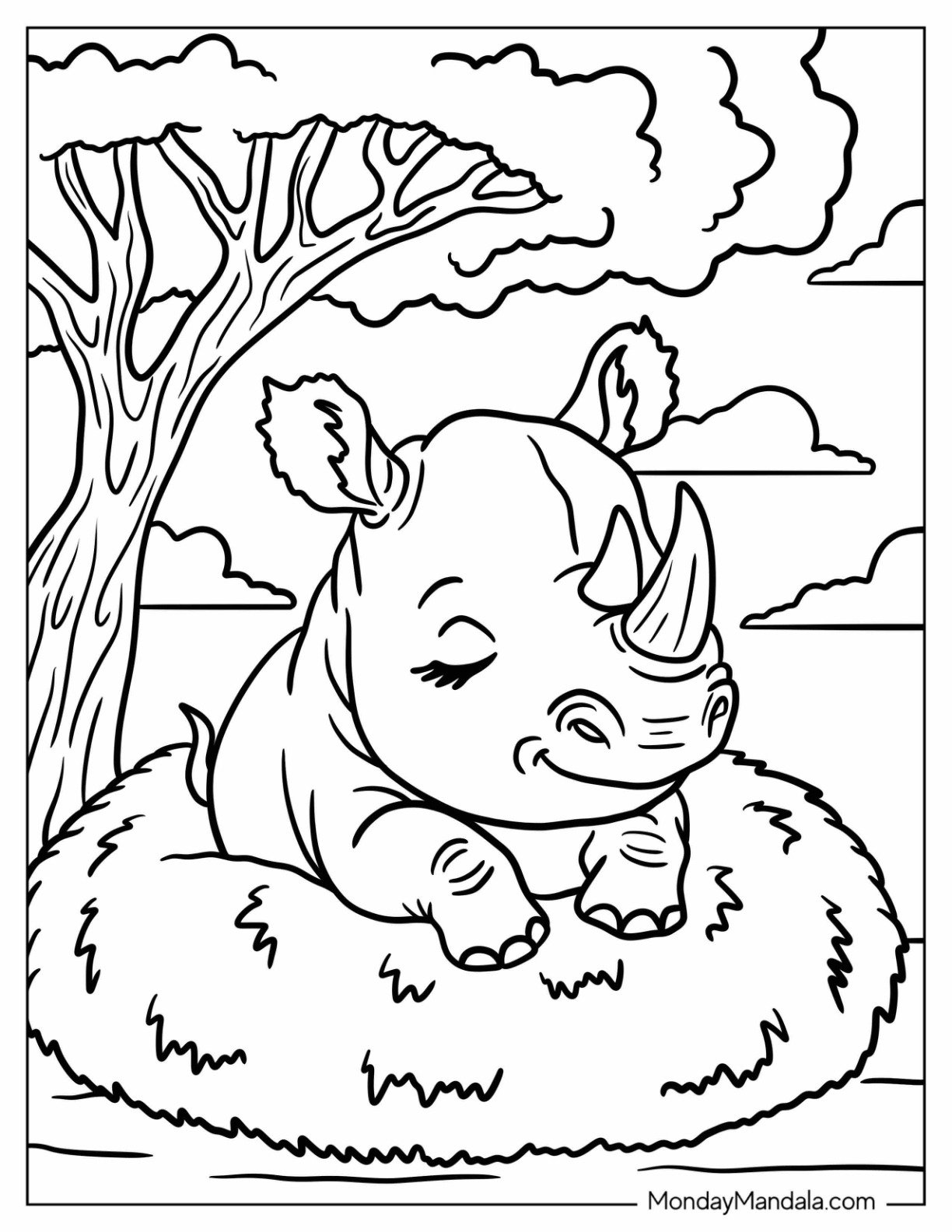 Young Rhino Coloring Page Resting on a Bush for Preschoolers