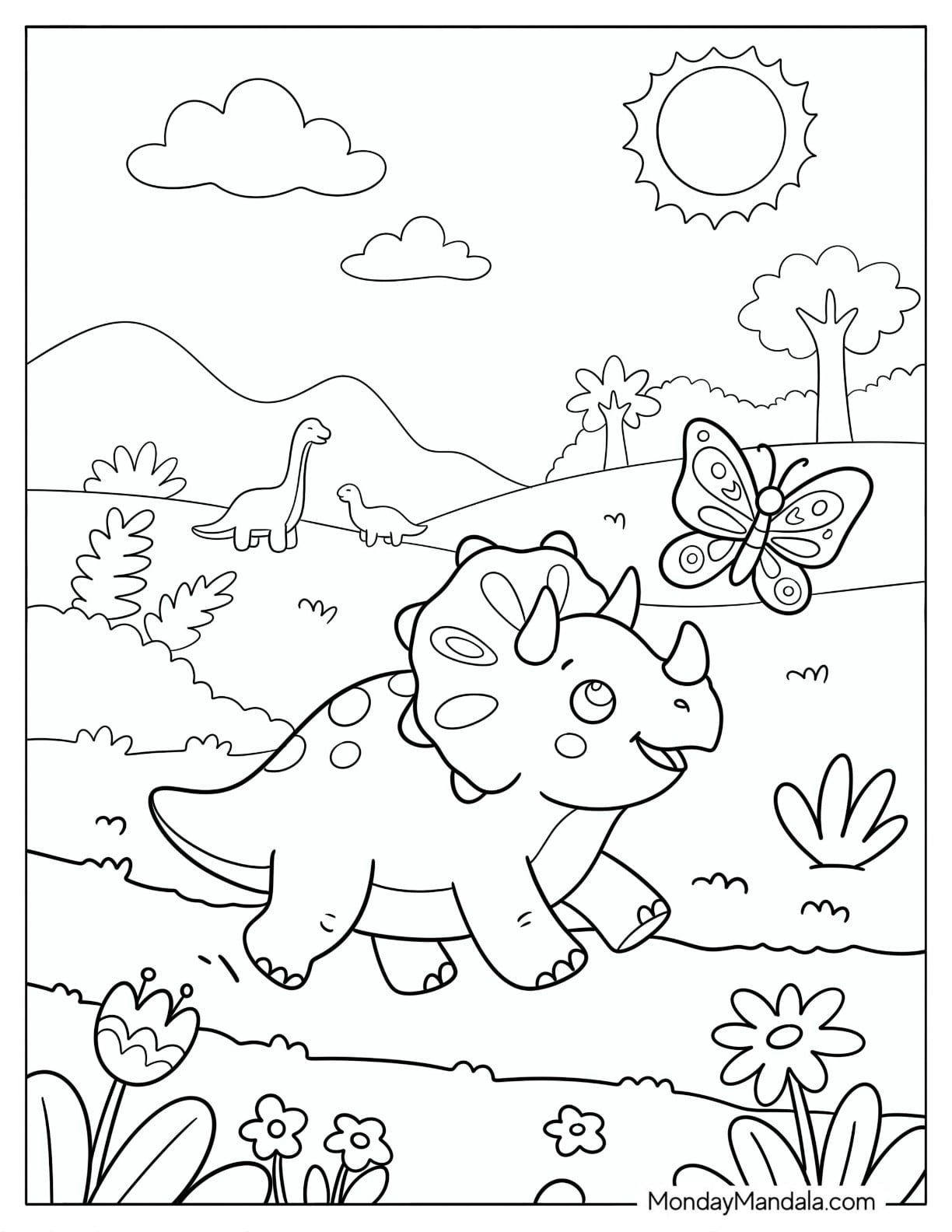 Young Triceratops Chasing a Butterfly Through a Meadow Coloring Page