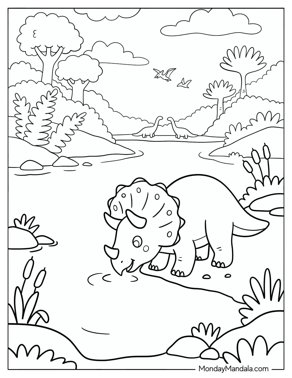 Young Triceratops Drinking from a River Coloring Sheet for Kids