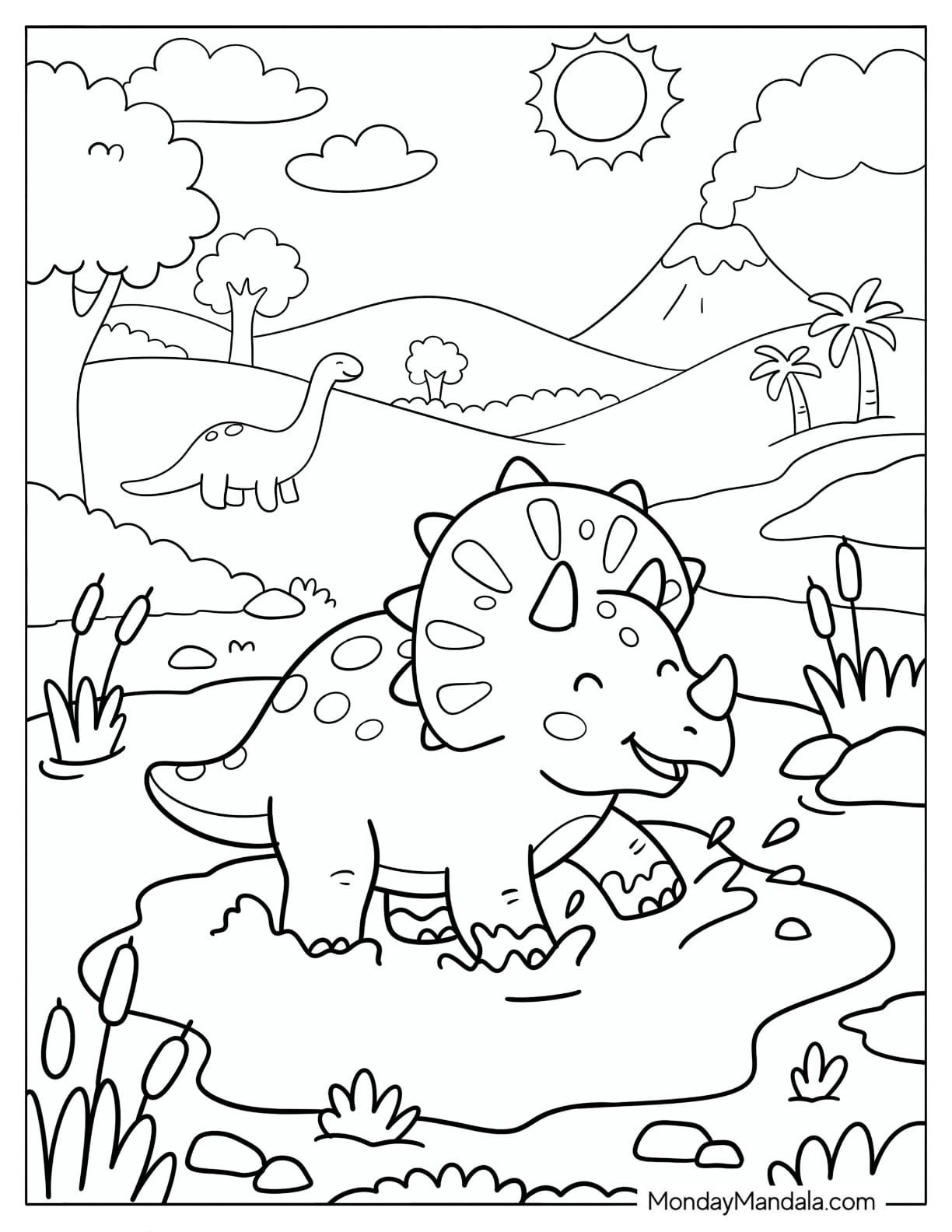 Young Triceratops Standing in a Prehistoric Pond Coloring Sheet