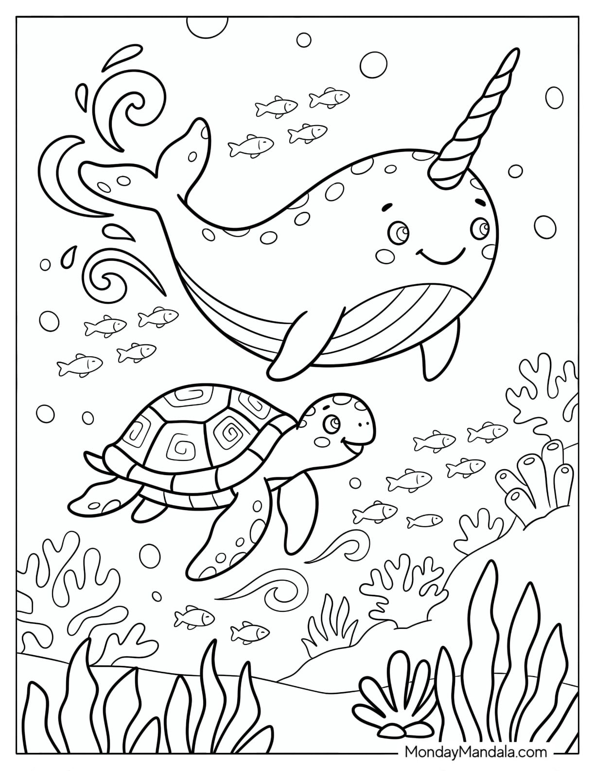 Young Turtle Swimming with a Spotted Narwhal Coloring Page