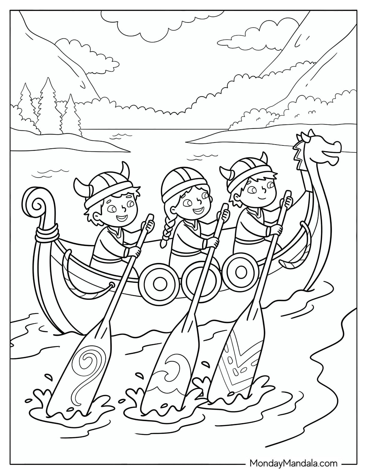 Young Viking Warriors Paddling a Longship on a River Coloring Sheet