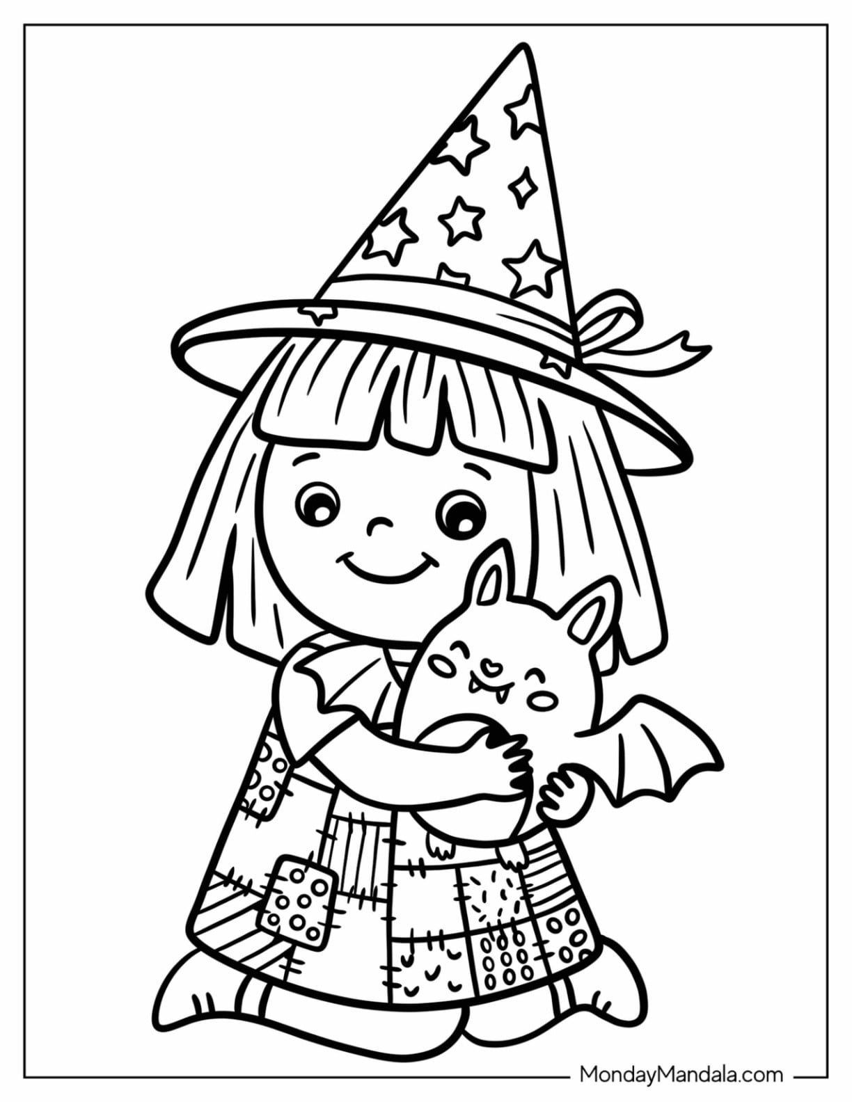 Young Witch Hugging a Cute Bat Coloring Page for Kids