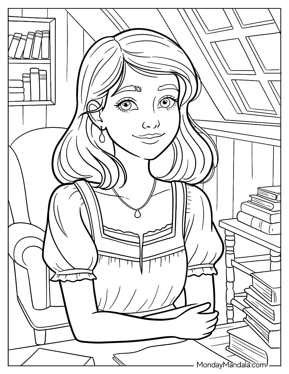 People Coloring Page of  Young Woman In Pretty Clothes Seated In Front Of A Desk With Books