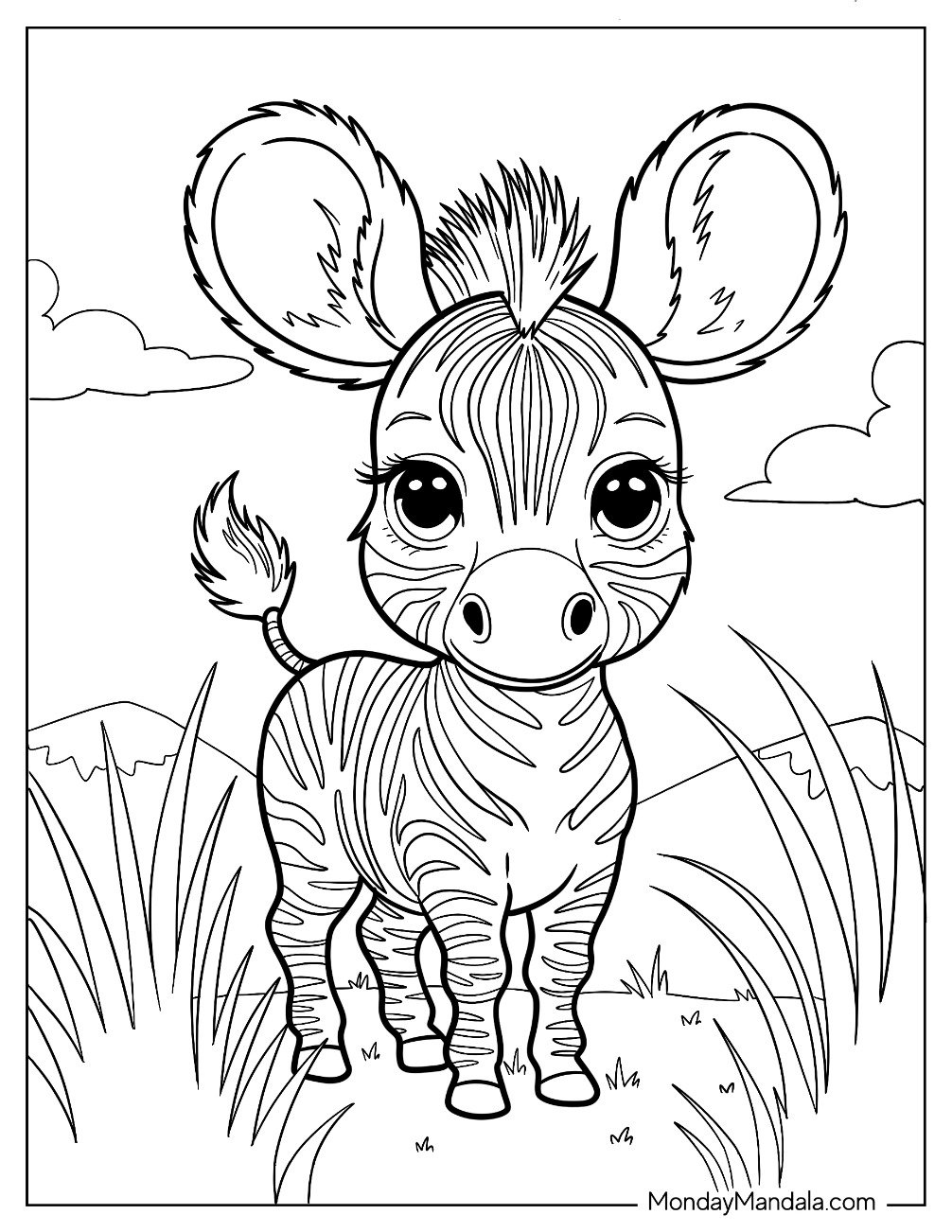 Young Zebra Coloring Page with Large Ears