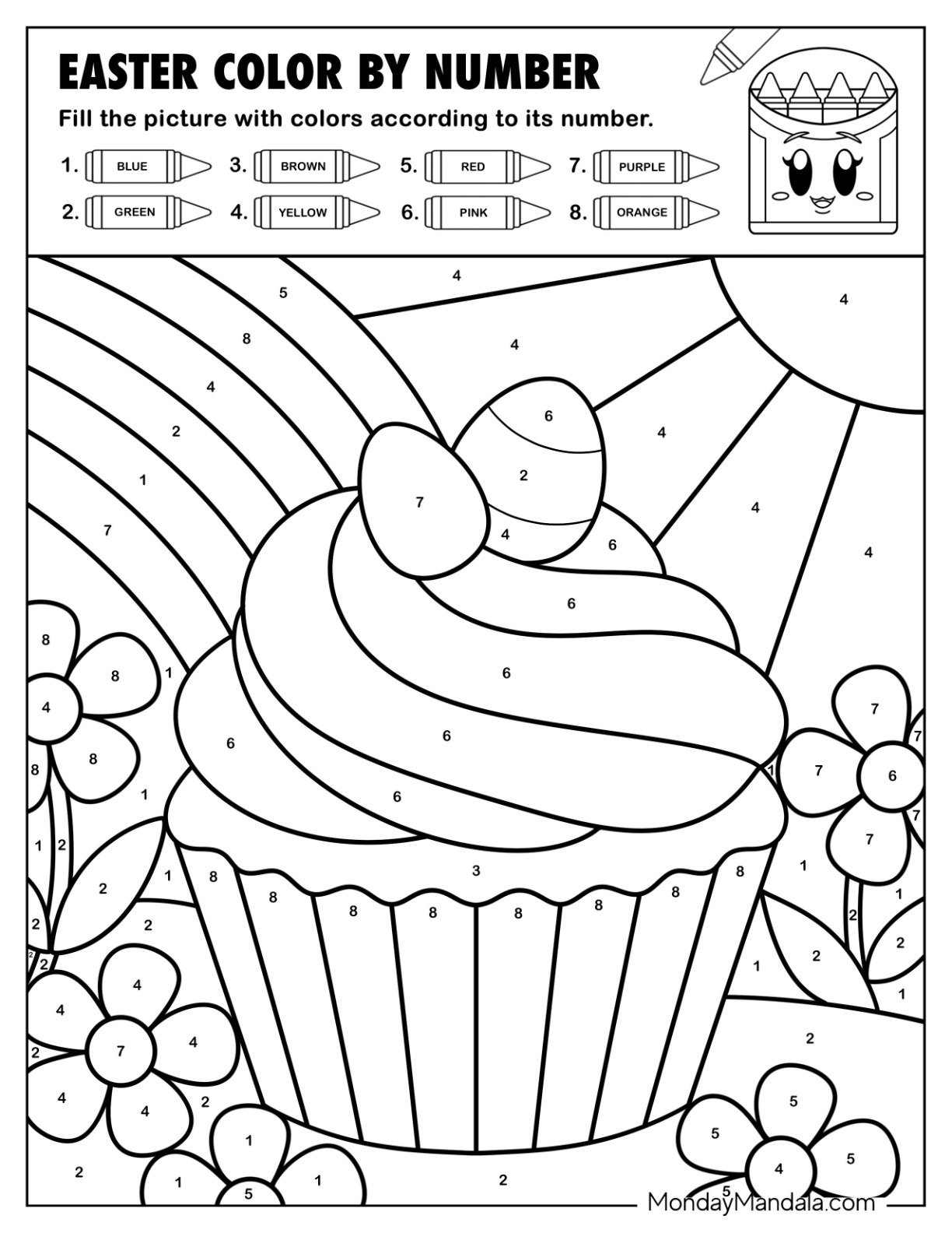 Yummy Cupcake with Flowers and Rainbow Color by Number