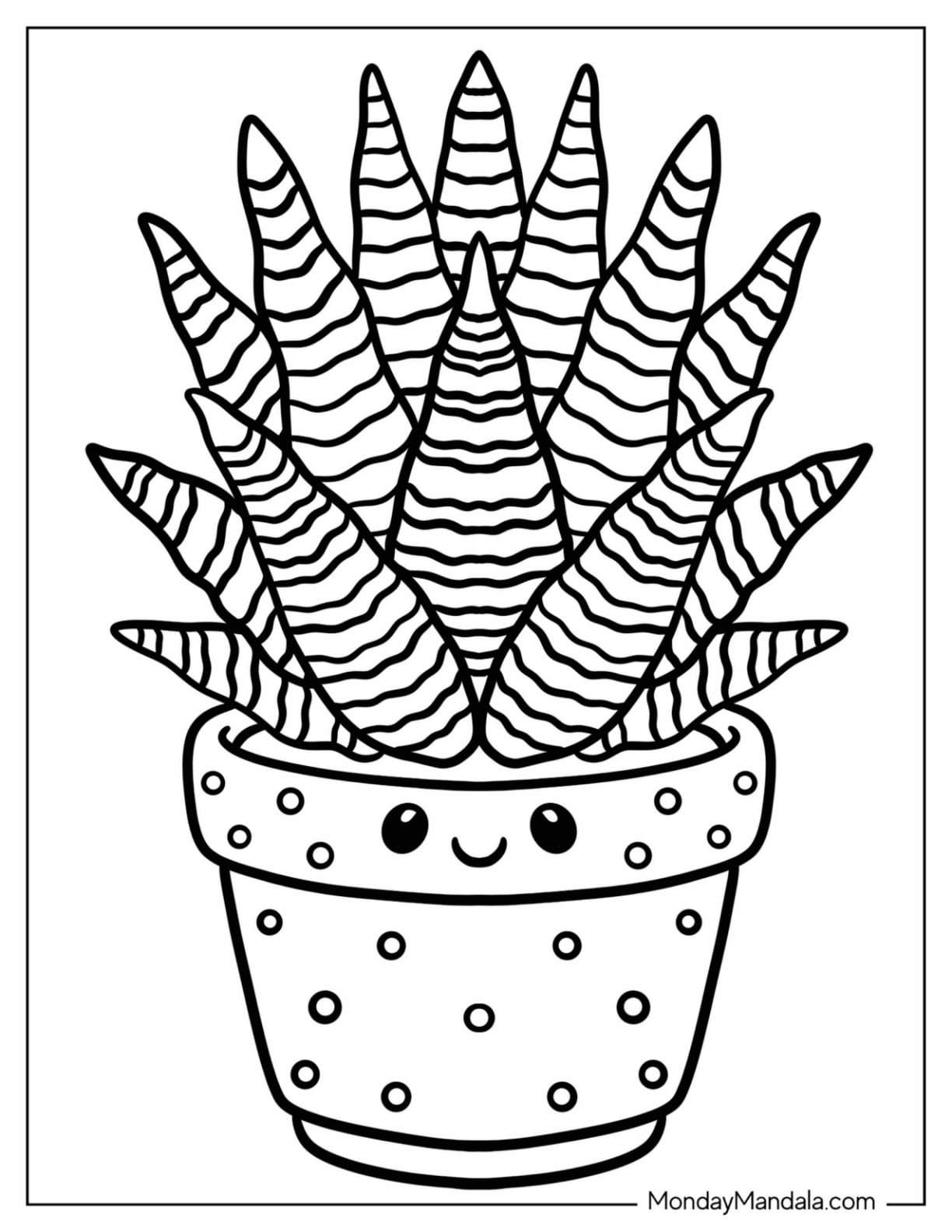 Zebra Haworthia Succulent in a Smiling Polka Dot Pot Coloring Page