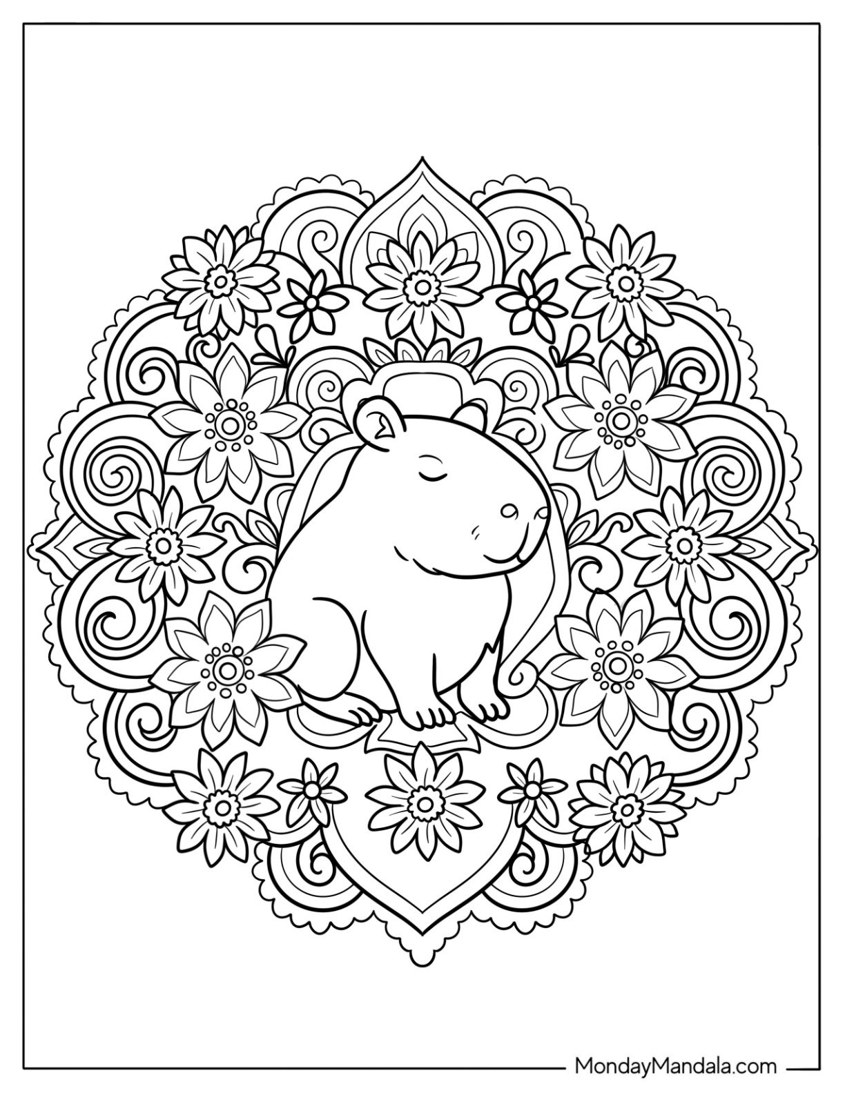 Zen Capybara Coloring Page Sitting in Floral Mandala