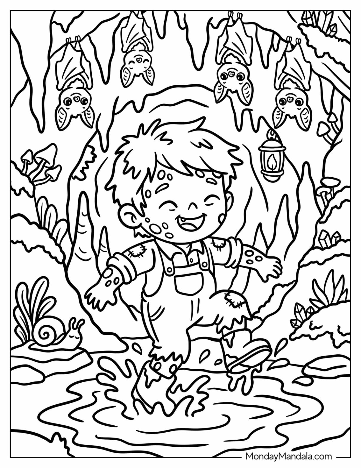 Zombie Boy Playing in a Cave Coloring Page for Kids