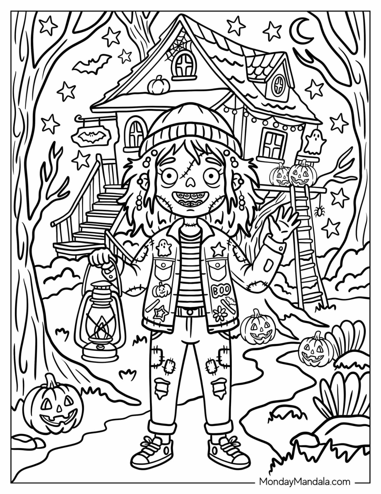 Zombie Girl Holding a Lamp Outside Her Treehouse Coloring Page