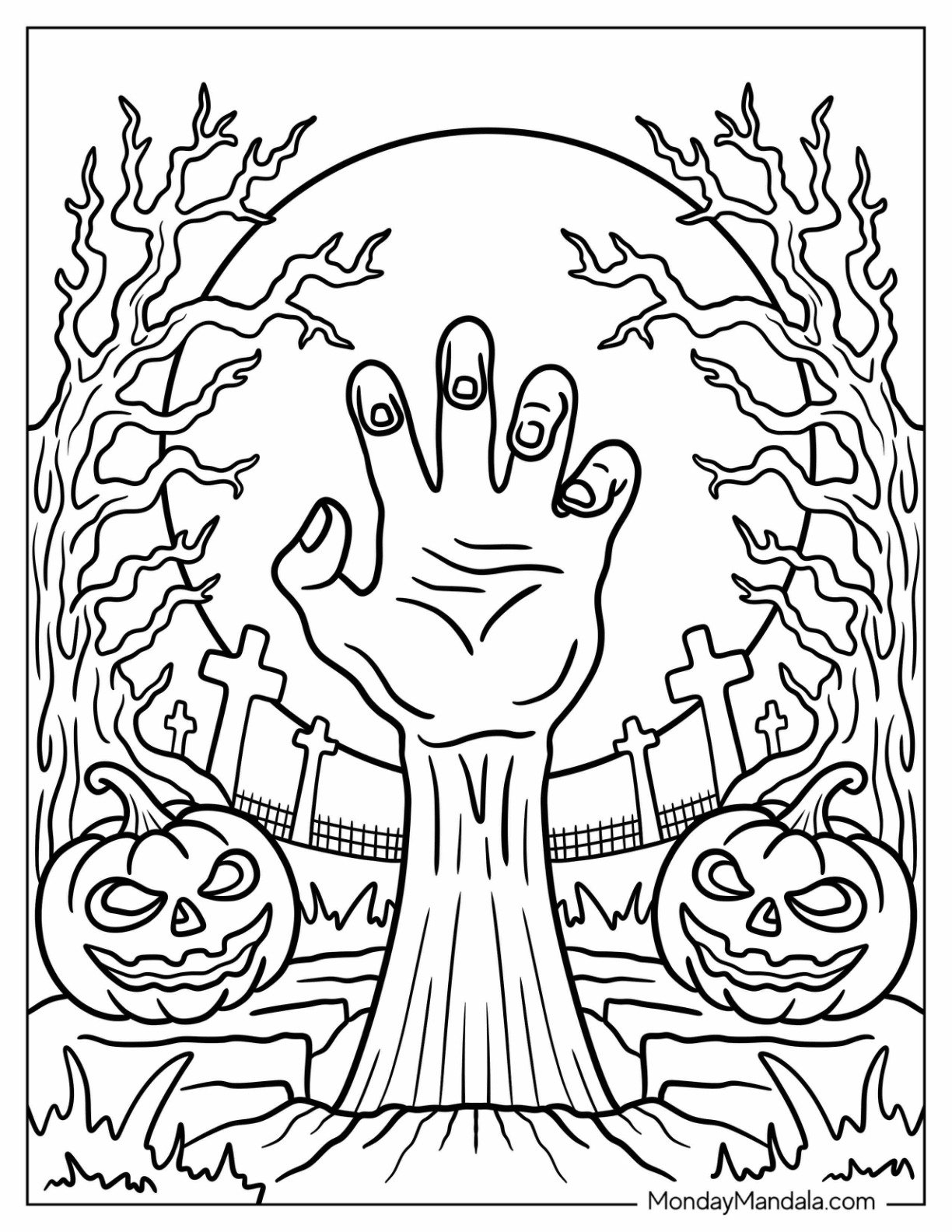 Zombie Hand Rising from the Grave with Pumpkins and Full Moon Halloween Coloring Page for Adults