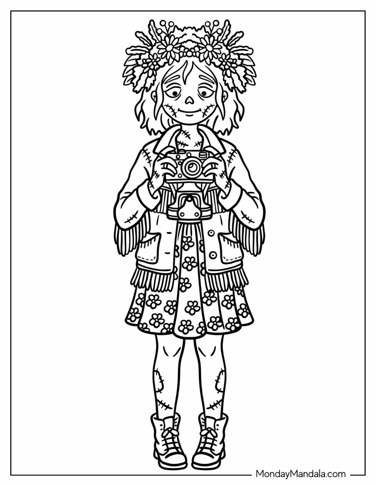 Zombie Hippie Girl Holding a Camera Coloring Page