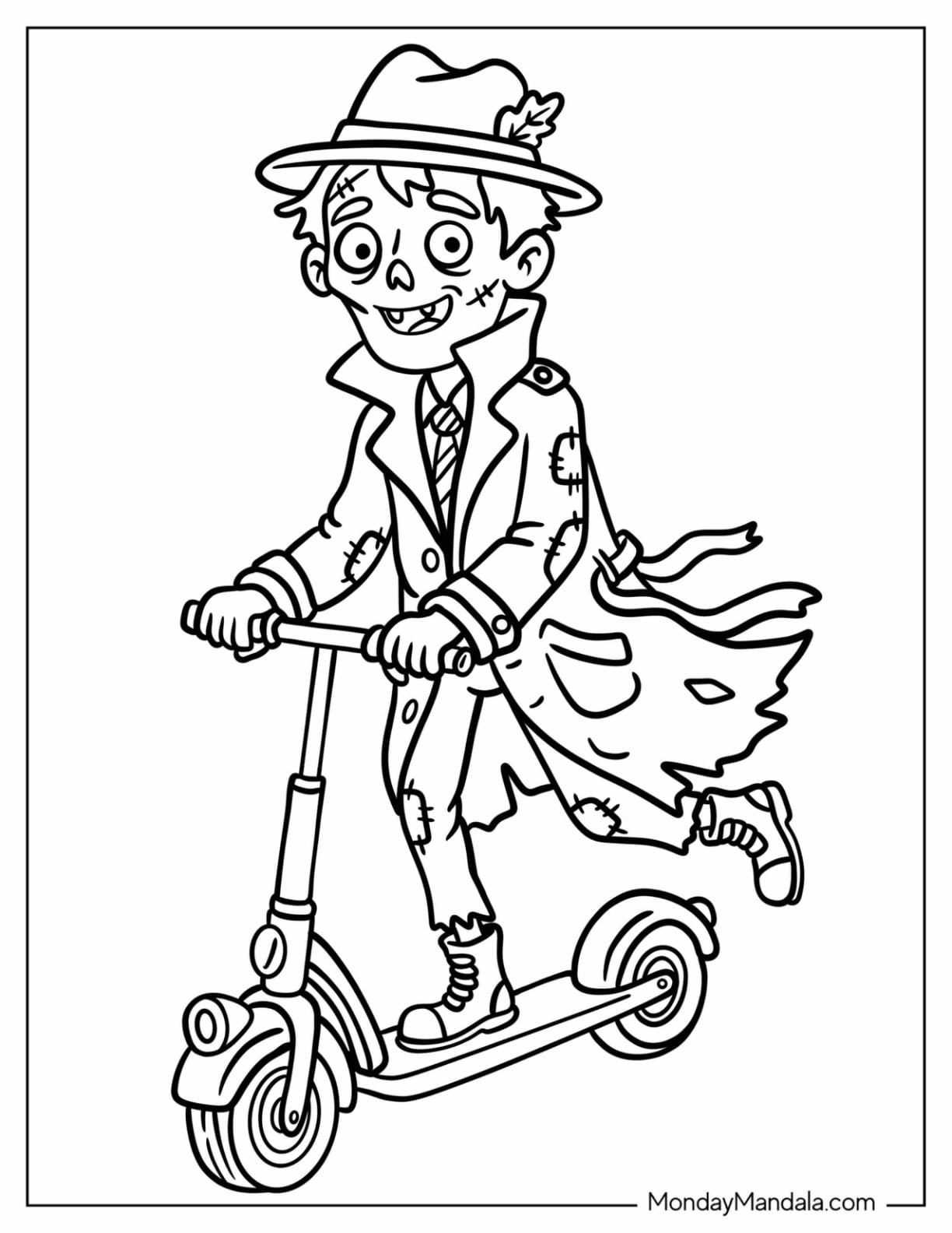 Zombie Man Riding on a Kick Scooter Coloring Page