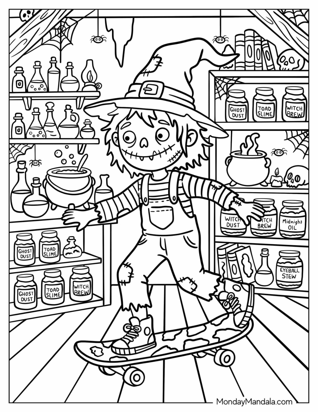 Zombie Scarecrow Skateboarding Indoors Coloring Page
