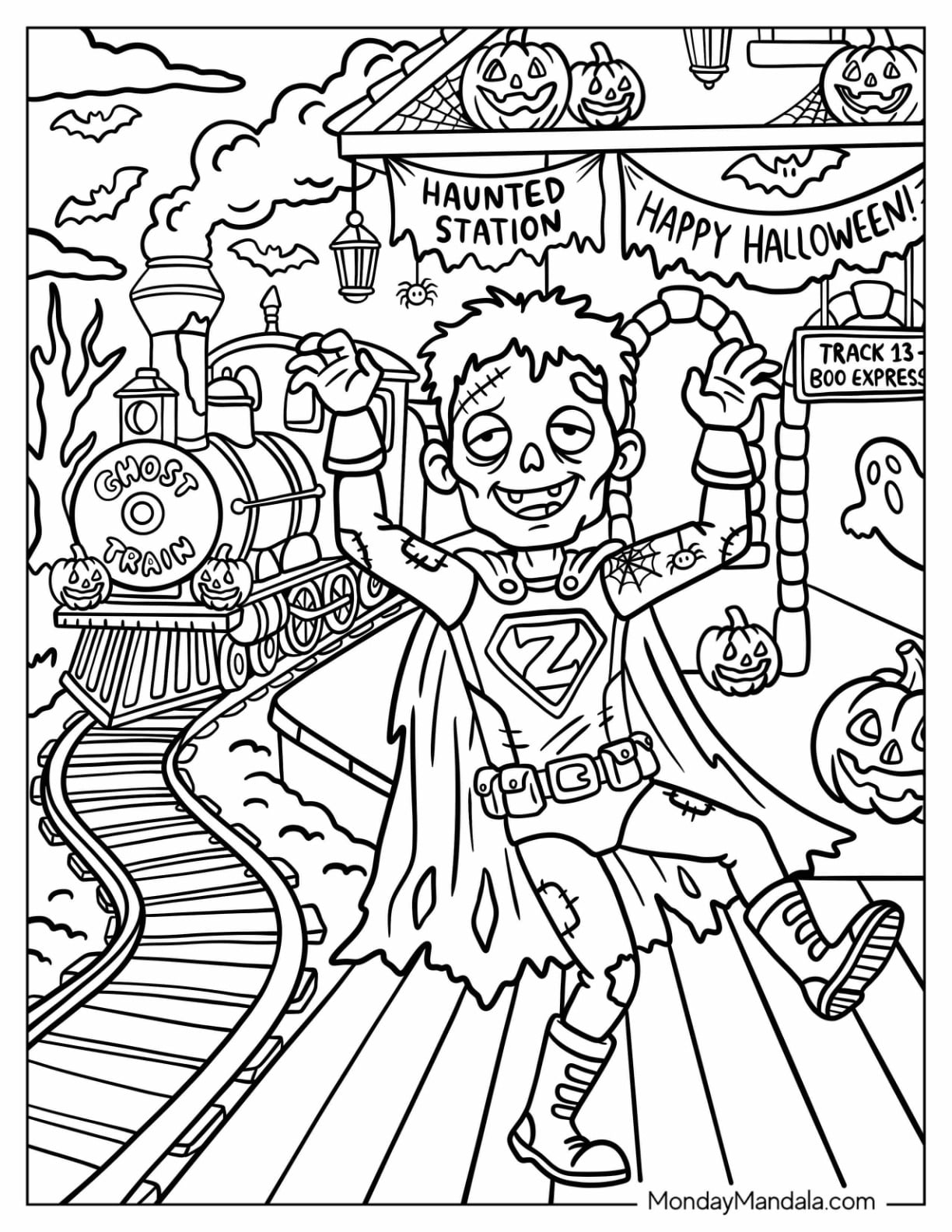 Zombie Superhero Walking Out of a Haunted Station Coloring Page