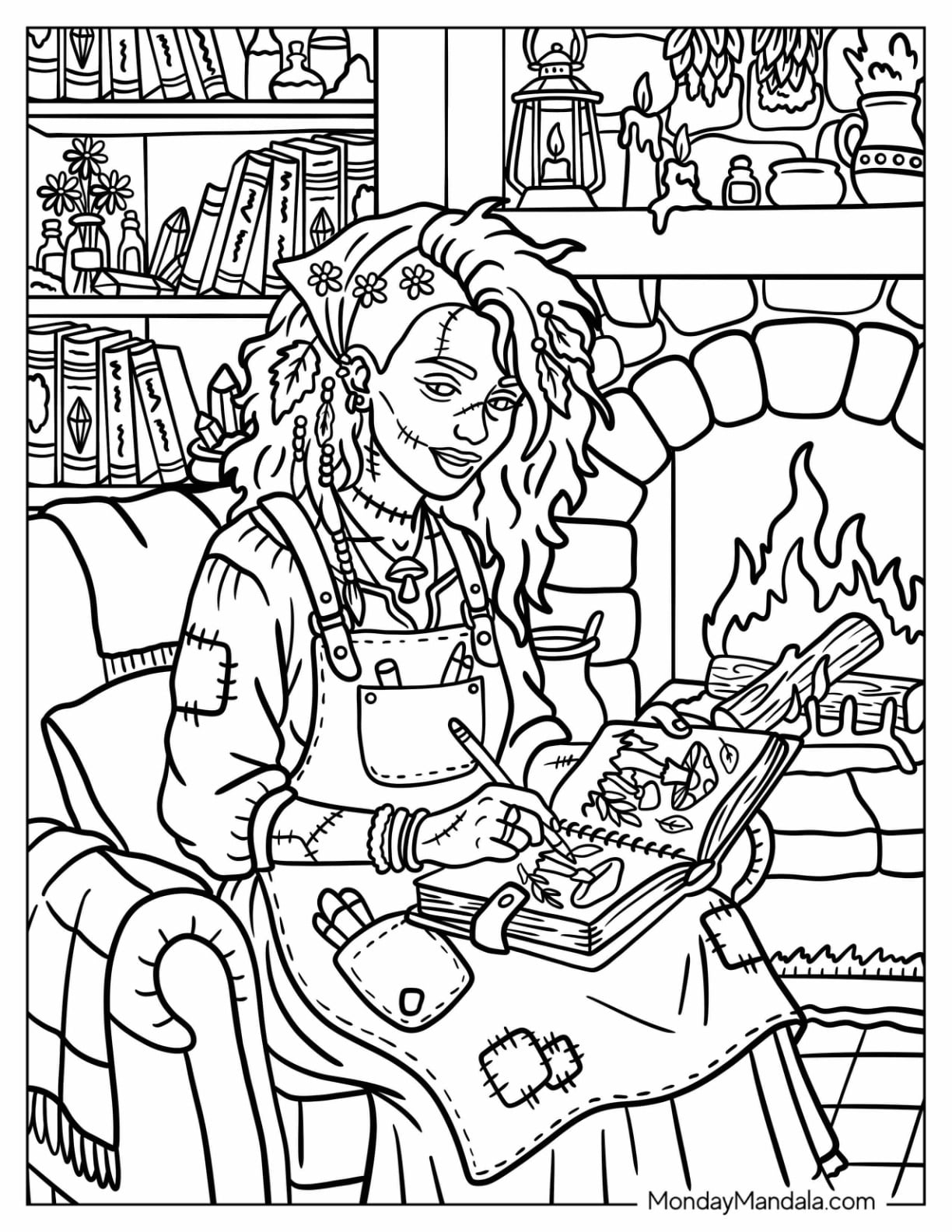 Zombie Woman Sketching Next to a Fireplace