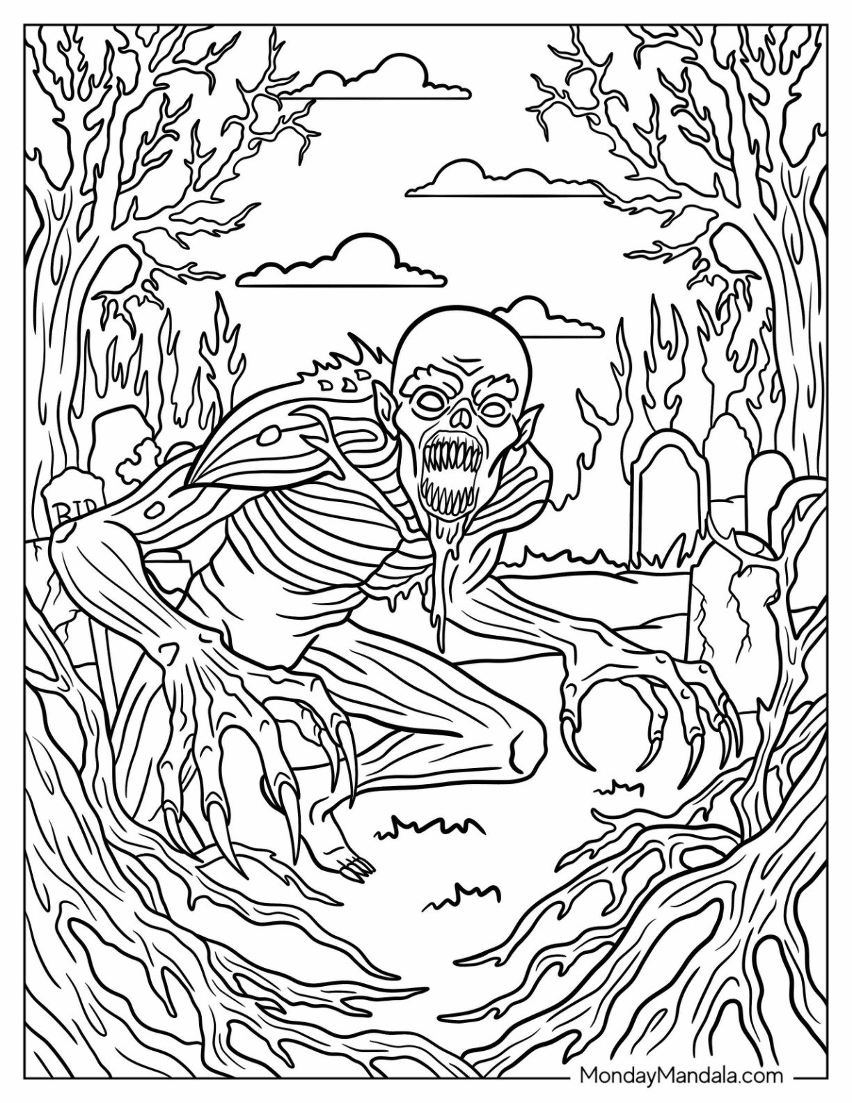 Horror Coloring Page of Leshless Ghoul Creeping in Haunted Forest