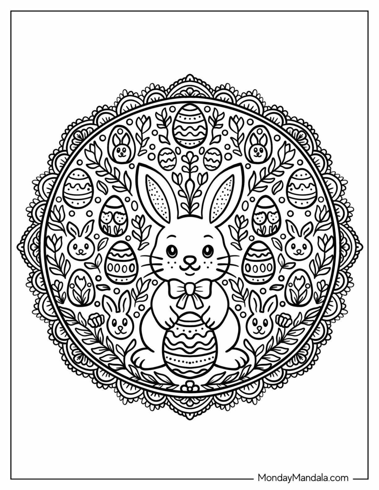 Intricate Easter Bunny Coloring Page Mandala with Eggs and Flowers