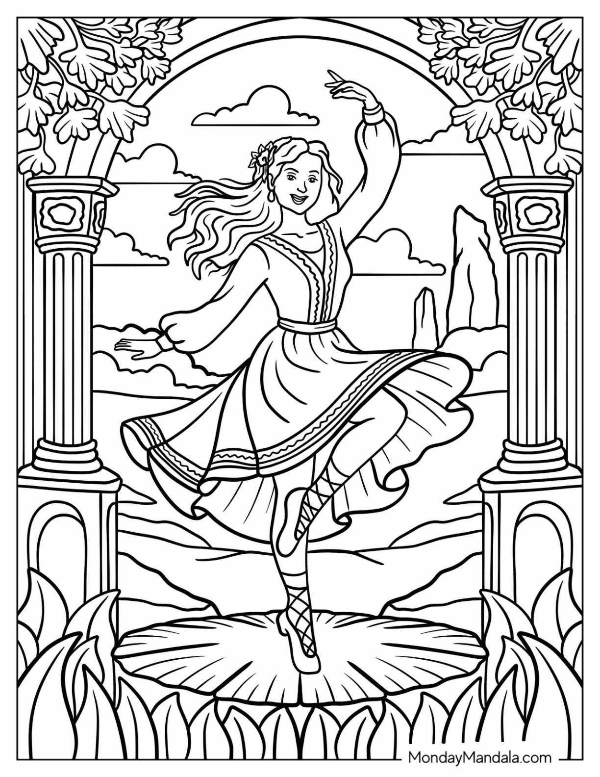 Irish Step Dancer Performing on a Stone Stage Surrounded by Celtic Ruins Dancing Coloring Page 